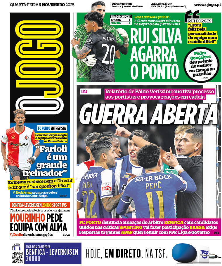 O Jogo: Capa da Edi&ccedil;&atilde;o de quarta-feira, 05 de novembro 2025