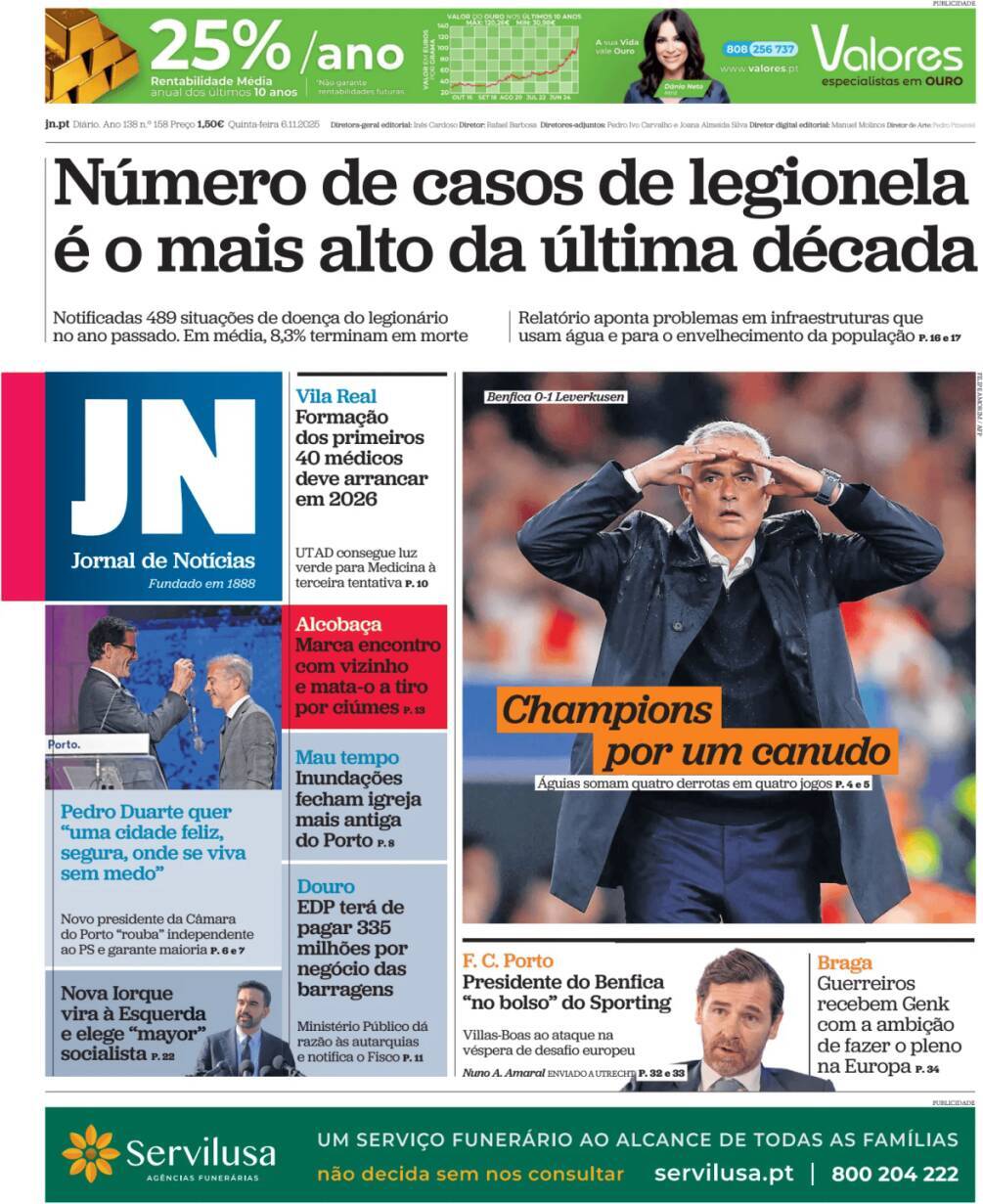 Jornal de Not&iacute;cias: Capa da Edi&ccedil;&atilde;o de quinta-feira, 06 de novembro 2025