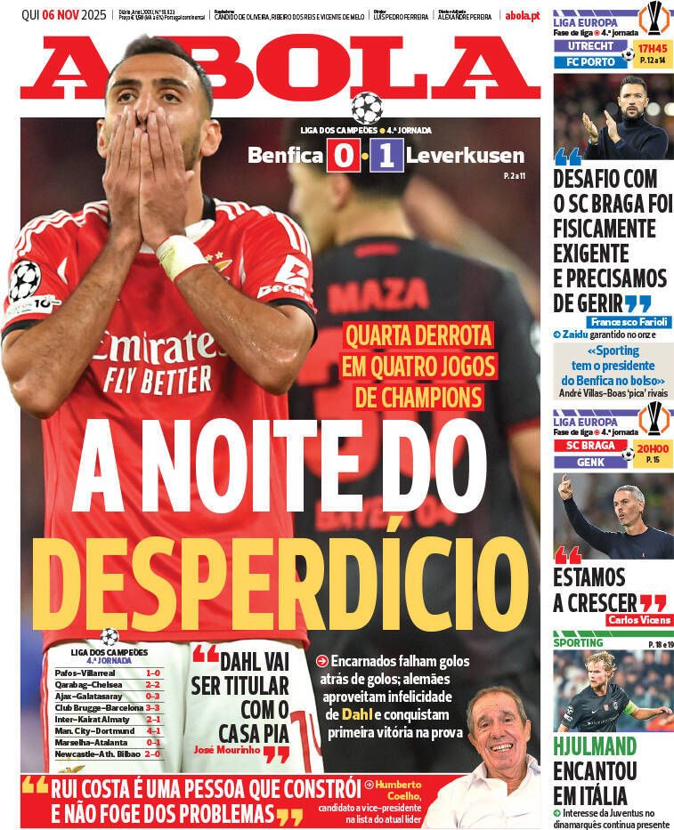 A Bola: Capa da Edi&ccedil;&atilde;o de quinta-feira, 06 de novembro 2025