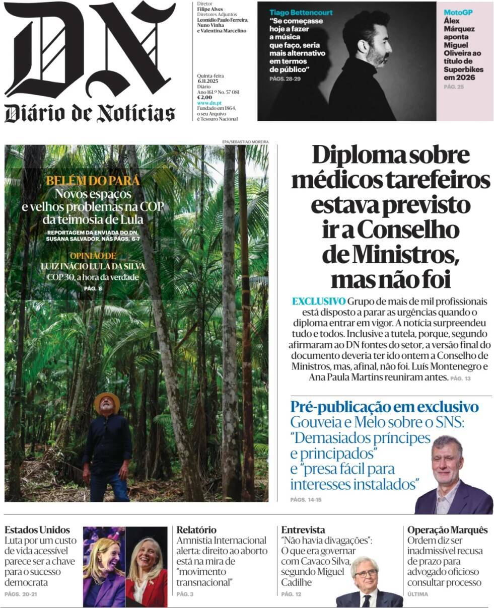 Di&aacute;rio de Not&iacute;cias: Capa da Edi&ccedil;&atilde;o de quinta-feira, 06 de novembro 2025