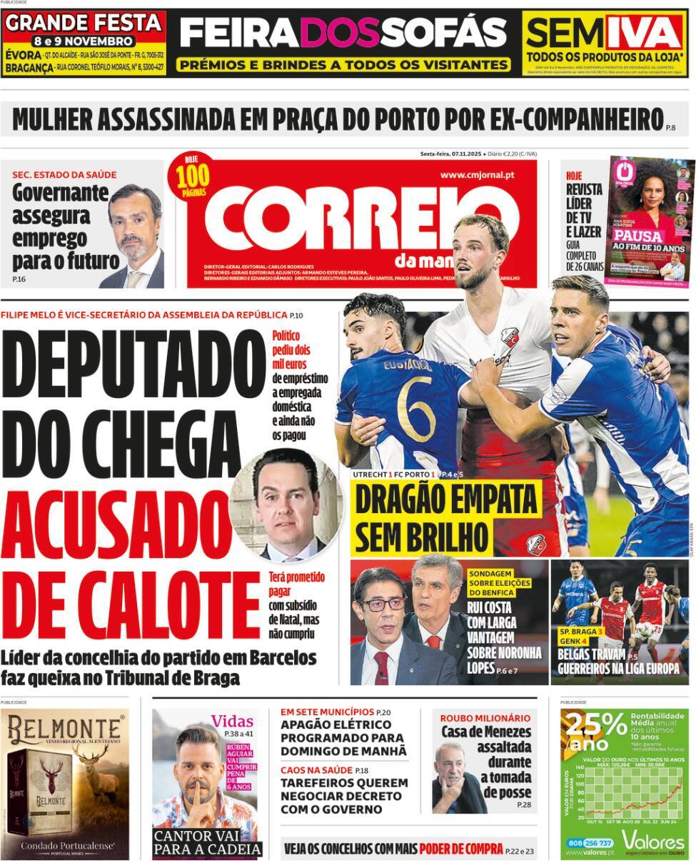Correio da Manh&atilde;: Capa da Edi&ccedil;&atilde;o de sexta-feira, 07 de novembro 2025