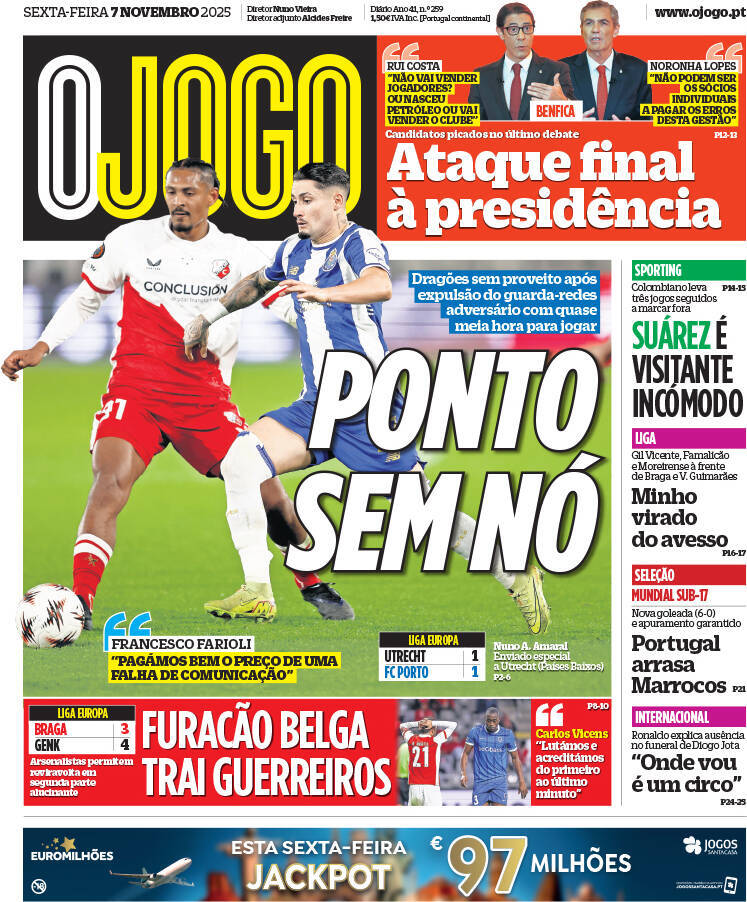 O Jogo: Capa da Edi&ccedil;&atilde;o de sexta-feira, 07 de novembro 2025