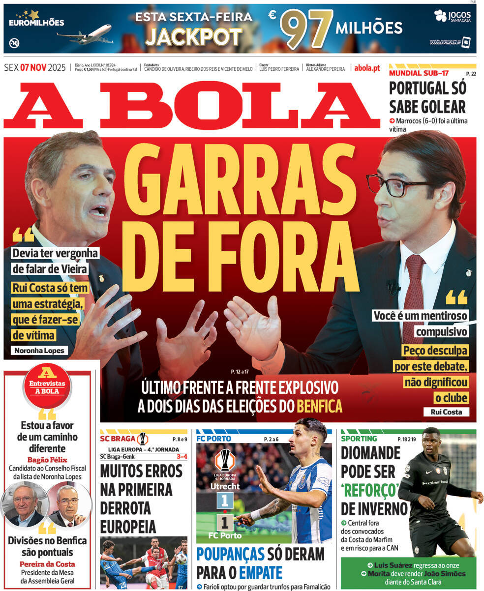 A Bola: Capa da Edi&ccedil;&atilde;o de sexta-feira, 07 de novembro 2025
