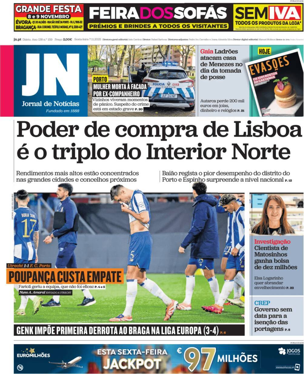 Jornal de Not&iacute;cias: Capa da Edi&ccedil;&atilde;o de sexta-feira, 07 de novembro 2025