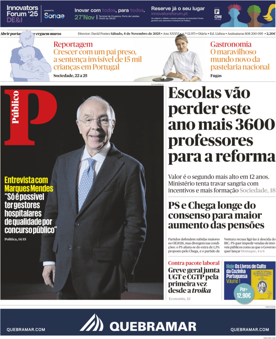 P&uacute;blico: Capa da Edi&ccedil;&atilde;o de s&aacute;bado, 08 de novembro 2025