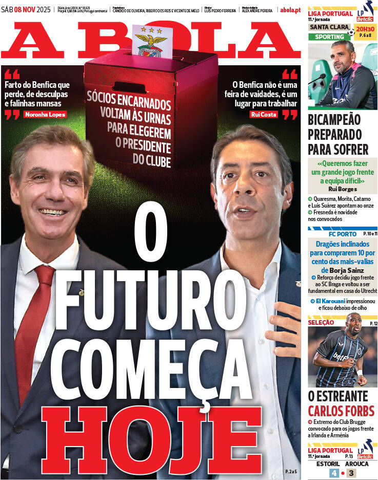 A Bola: Capa da Edi&ccedil;&atilde;o de s&aacute;bado, 08 de novembro 2025