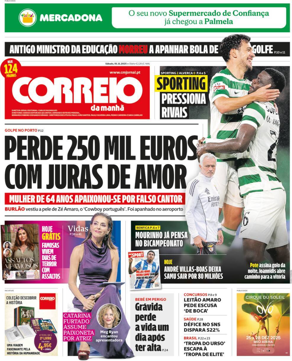 Correio da Manh&atilde;: Capa da Edi&ccedil;&atilde;o de s&aacute;bado, 01 de novembro 2025