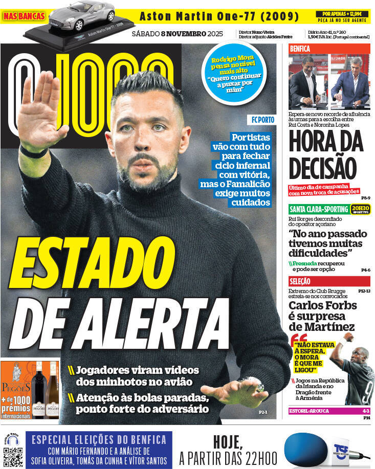 O Jogo: Capa da Edi&ccedil;&atilde;o de s&aacute;bado, 08 de novembro 2025