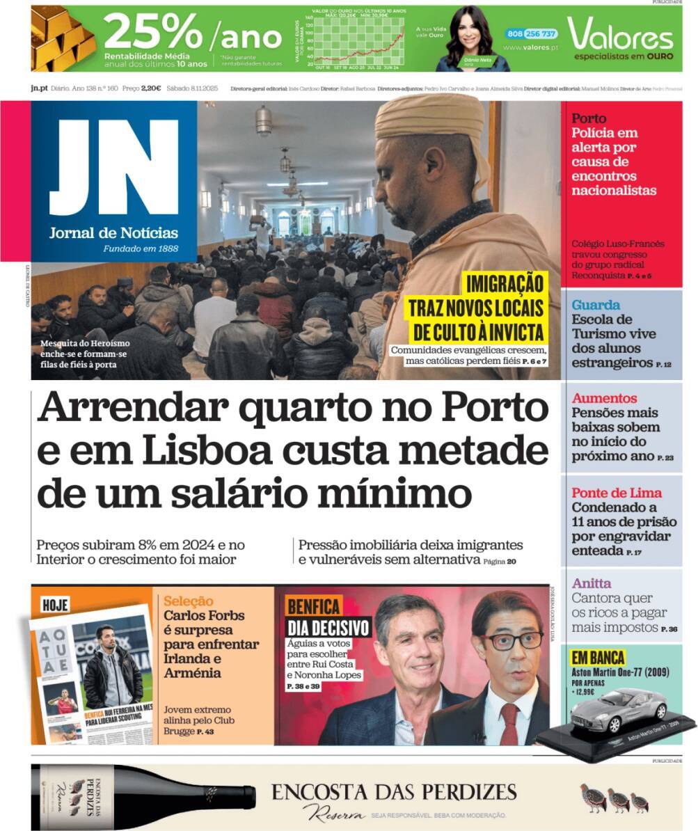 Jornal de Not&iacute;cias: Capa da Edi&ccedil;&atilde;o de s&aacute;bado, 08 de novembro 2025