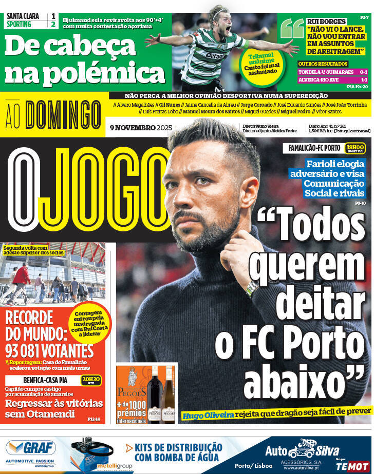 O Jogo: Capa da Edi&ccedil;&atilde;o de domingo, 09 de novembro 2025