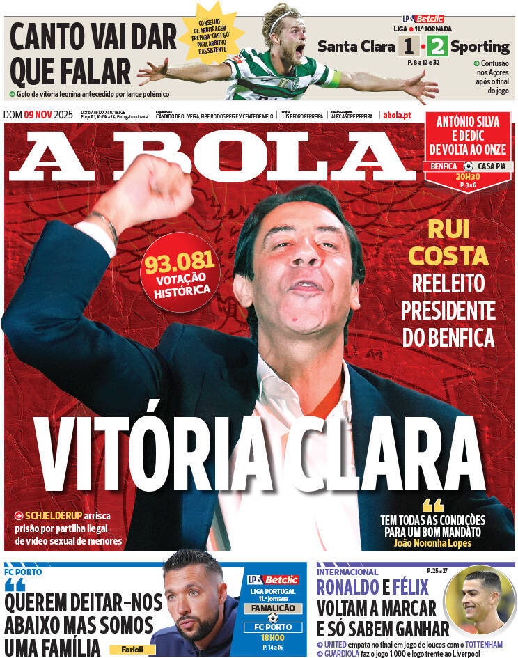 A Bola: Capa da Edi&ccedil;&atilde;o de domingo, 09 de novembro 2025
