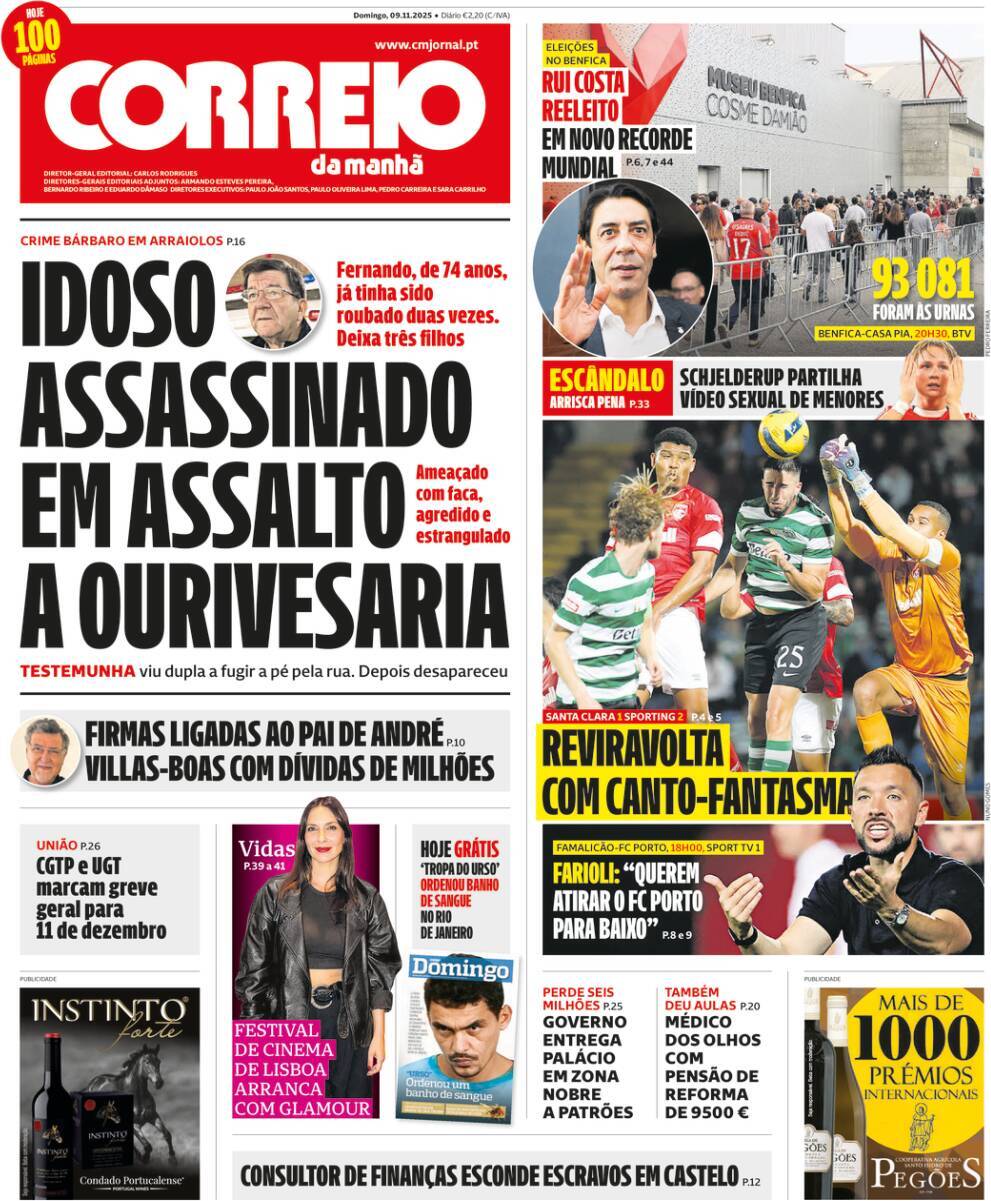 Correio da Manh&atilde;: Capa da Edi&ccedil;&atilde;o de domingo, 09 de novembro 2025