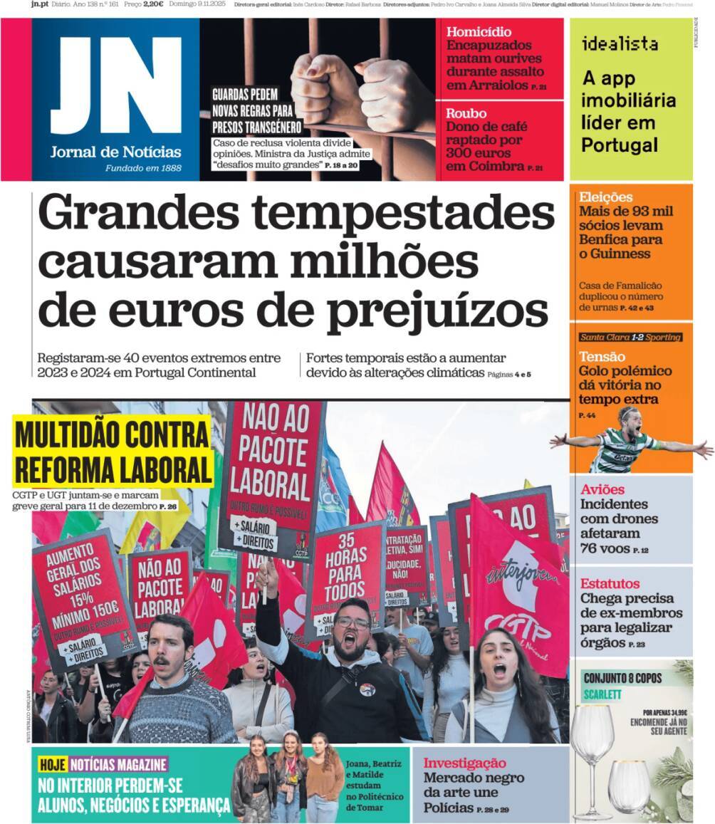Jornal de Not&iacute;cias: Capa da Edi&ccedil;&atilde;o de domingo, 09 de novembro 2025