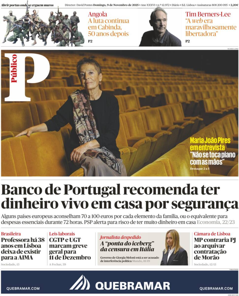P&uacute;blico: Capa da Edi&ccedil;&atilde;o de domingo, 09 de novembro 2025