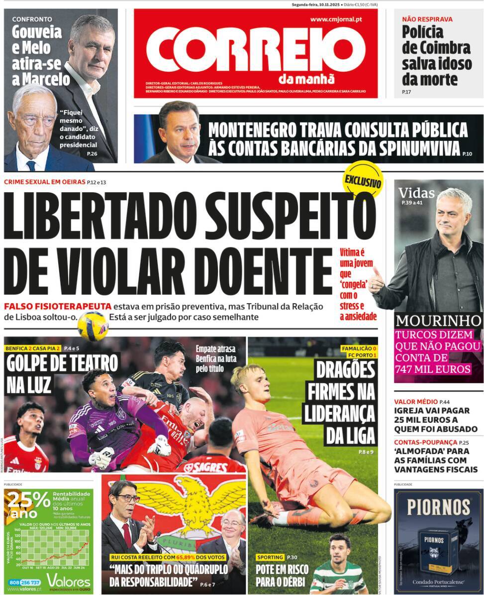 Correio da Manh&atilde;: Capa da Edi&ccedil;&atilde;o de segunda-feira, 10 de novembro 2025