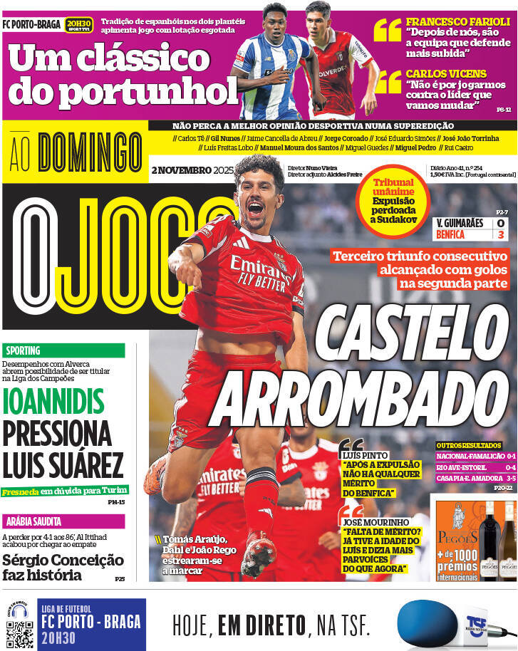 O Jogo: Capa da Edi&ccedil;&atilde;o de domingo, 02 de novembro 2025