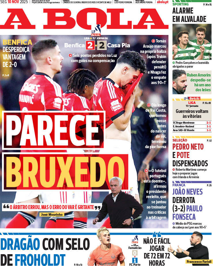A Bola: Capa da Edi&ccedil;&atilde;o de segunda-feira, 10 de novembro 2025