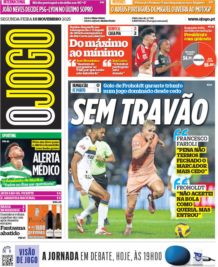 O Jogo: Capa da Edi&ccedil;&atilde;o de segunda-feira, 10 de novembro 2025