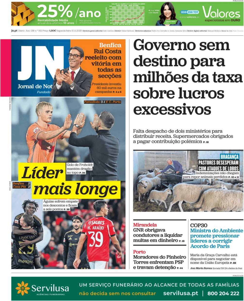 Jornal de Not&iacute;cias: Capa da Edi&ccedil;&atilde;o de segunda-feira, 10 de novembro 2025