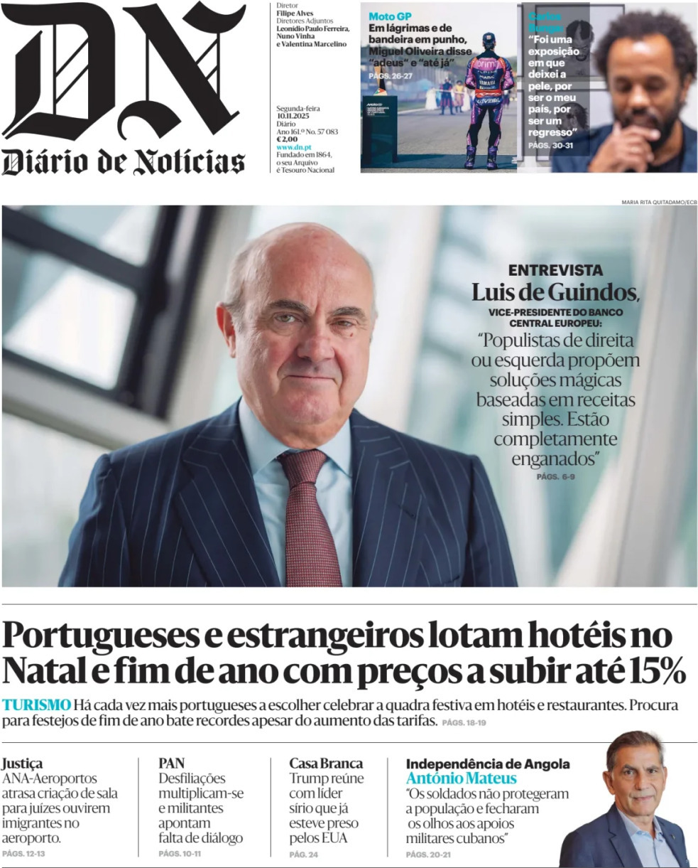 Di&aacute;rio de Not&iacute;cias: Capa da Edi&ccedil;&atilde;o de segunda-feira, 10 de novembro 2025