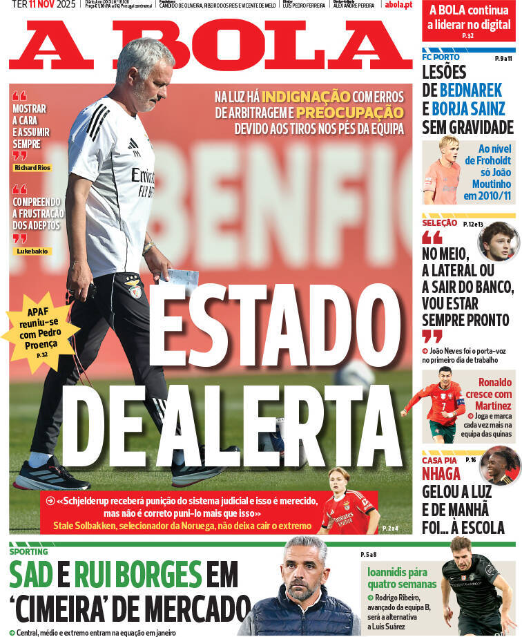 A Bola: Capa da Edi&ccedil;&atilde;o de ter&ccedil;a-feira, 11 de novembro 2025