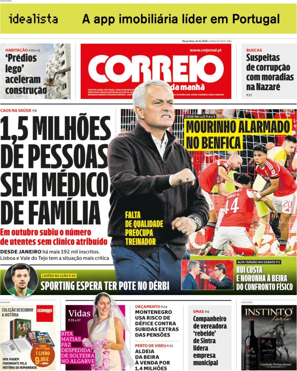 Correio da Manh&atilde;: Capa da Edi&ccedil;&atilde;o de ter&ccedil;a-feira, 11 de novembro 2025