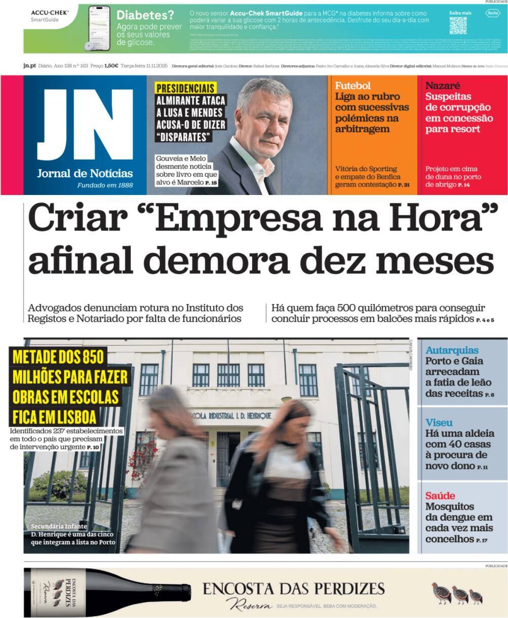 Jornal de Not&iacute;cias: Capa da Edi&ccedil;&atilde;o de ter&ccedil;a-feira, 11 de novembro 2025