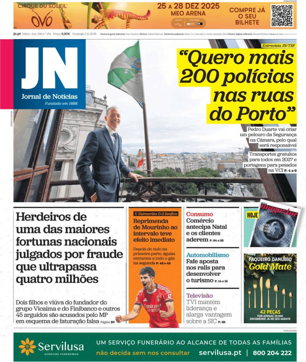 A Bola: Capa da Edi&ccedil;&atilde;o de domingo, 02 de novembro 2025