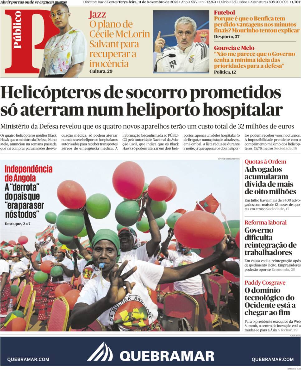 P&uacute;blico: Capa da Edi&ccedil;&atilde;o de ter&ccedil;a-feira, 11 de novembro 2025