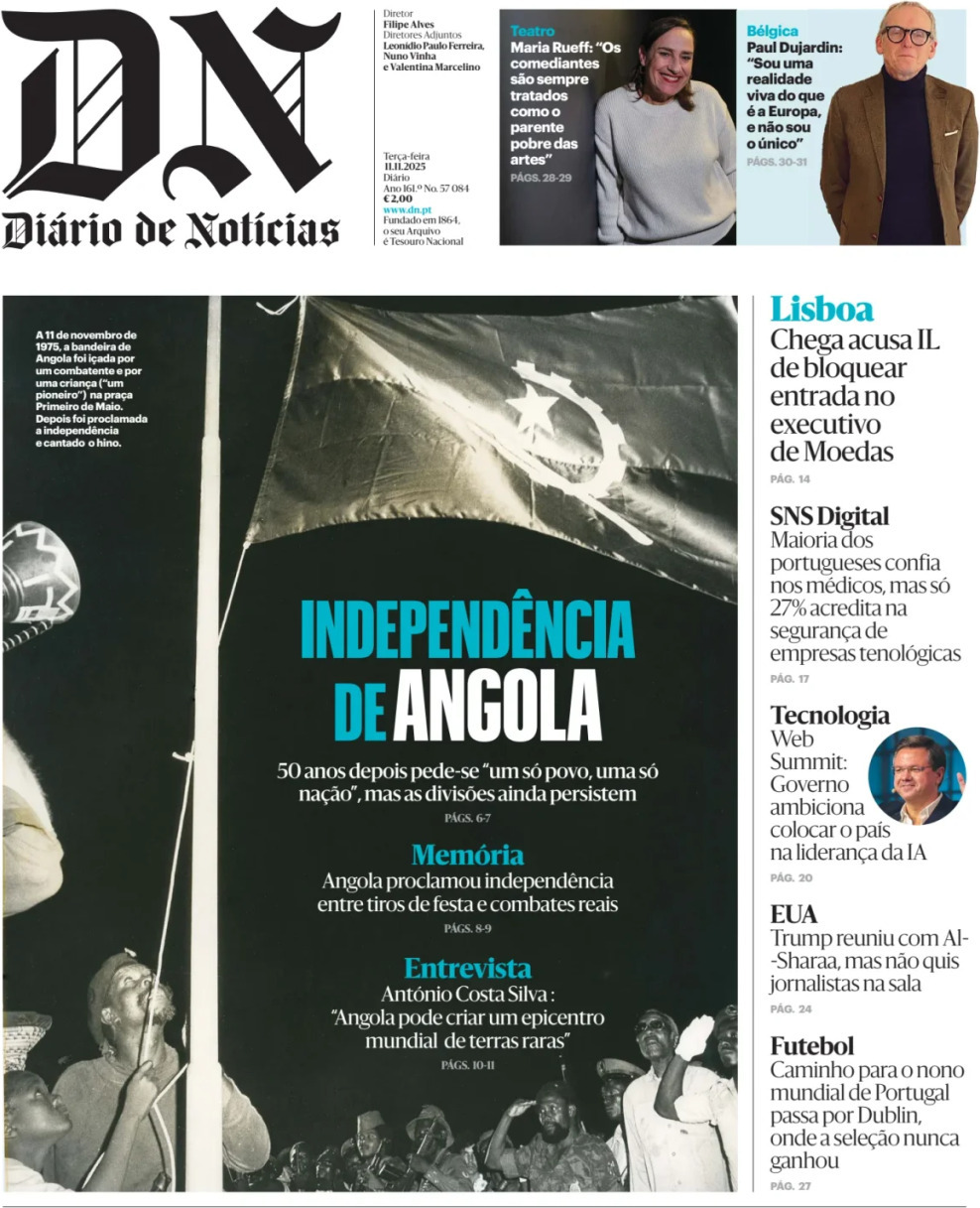 Di&aacute;rio de Not&iacute;cias: Capa da Edi&ccedil;&atilde;o de ter&ccedil;a-feira, 11 de novembro 2025