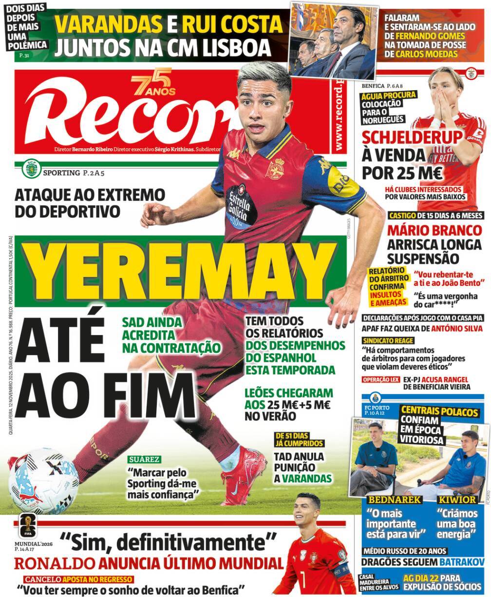 Record: Capa da Edi&ccedil;&atilde;o de quarta-feira, 12 de novembro 2025