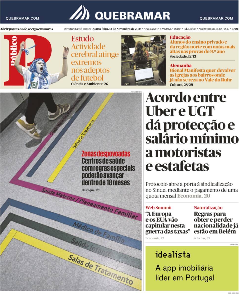 P&uacute;blico: Capa da Edi&ccedil;&atilde;o de quarta-feira, 12 de novembro 2025