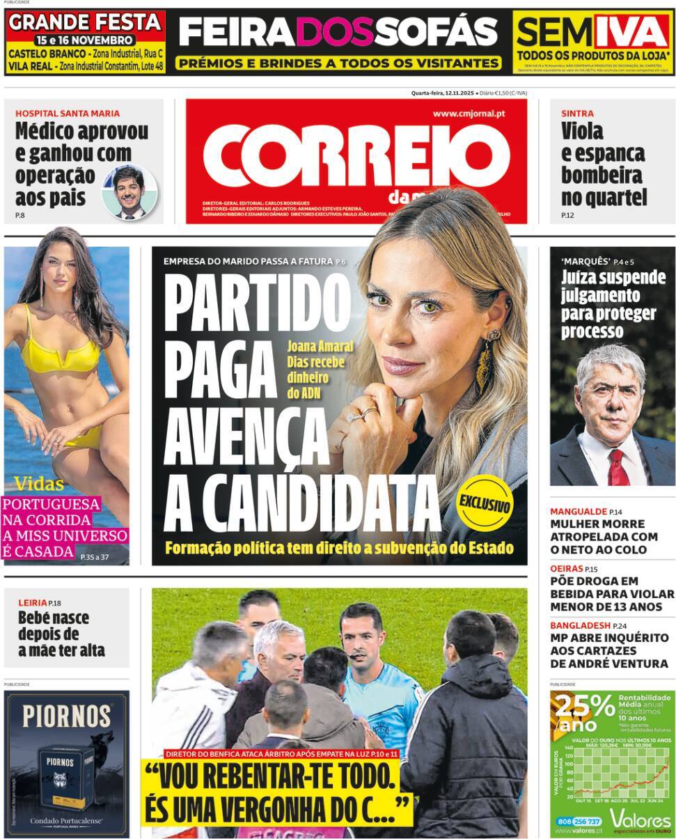 Correio da Manh&atilde;: Capa da Edi&ccedil;&atilde;o de quarta-feira, 12 de novembro 2025