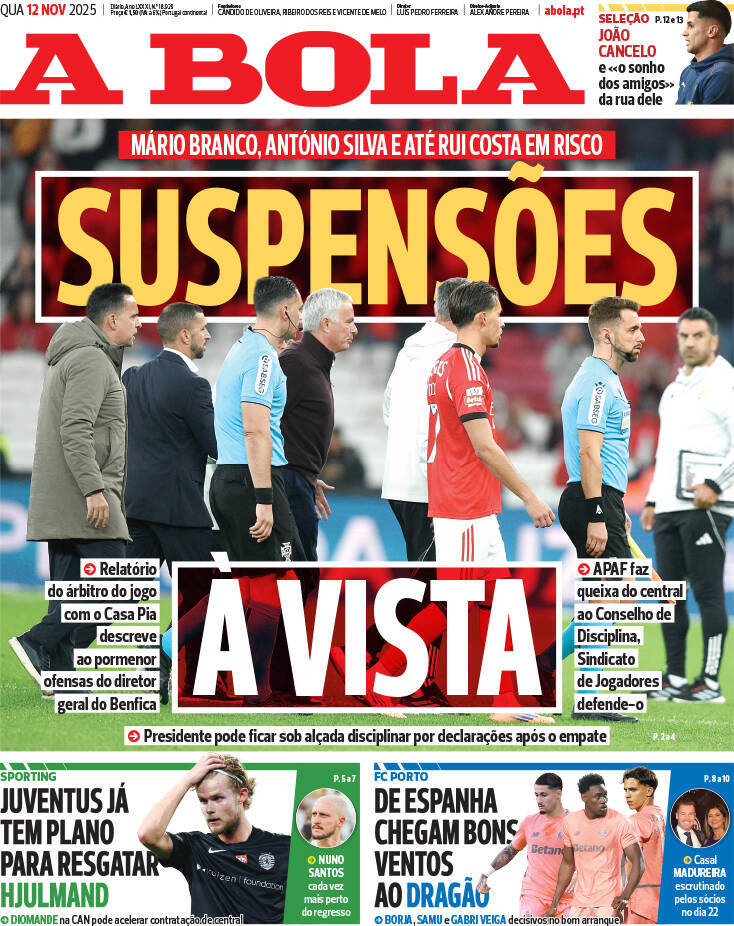 A Bola: Capa da Edi&ccedil;&atilde;o de quarta-feira, 12 de novembro 2025
