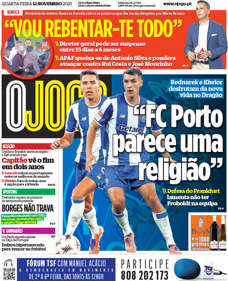 O Jogo: Capa da Edi&ccedil;&atilde;o de quarta-feira, 12 de novembro 2025