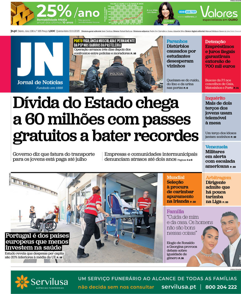 Jornal de Not&iacute;cias: Capa da Edi&ccedil;&atilde;o de quinta-feira, 13 de novembro 2025