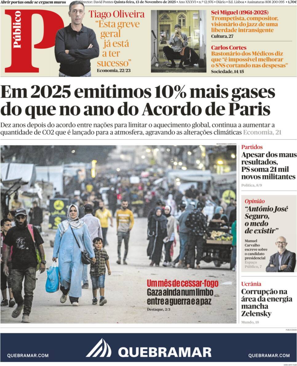 P&uacute;blico: Capa da Edi&ccedil;&atilde;o de quinta-feira, 13 de novembro 2025