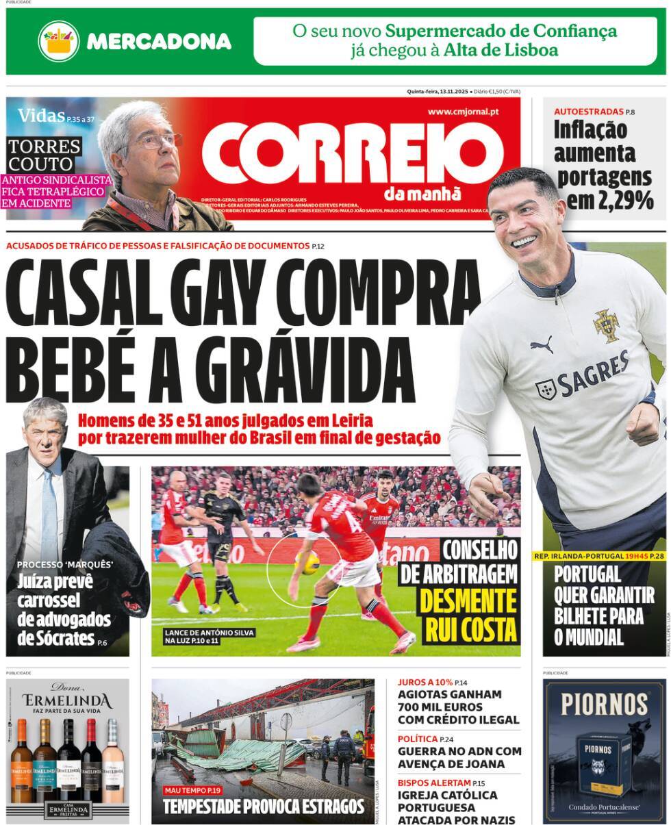 Correio da Manh&atilde;: Capa da Edi&ccedil;&atilde;o de quinta-feira, 13 de novembro 2025