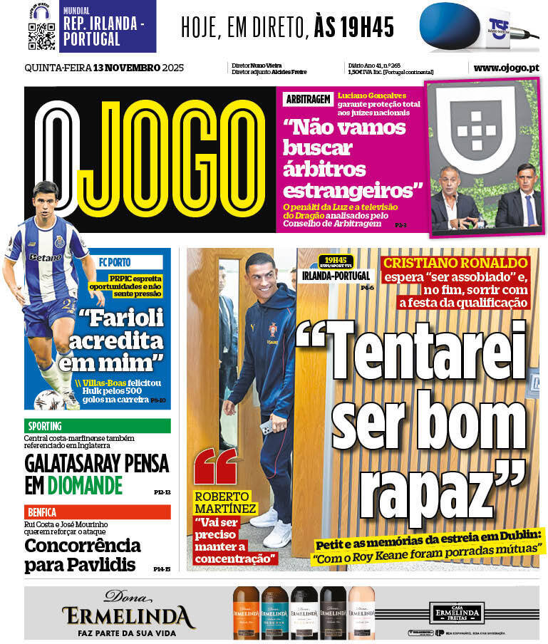 O Jogo: Capa da Edi&ccedil;&atilde;o de quinta-feira, 13 de novembro 2025