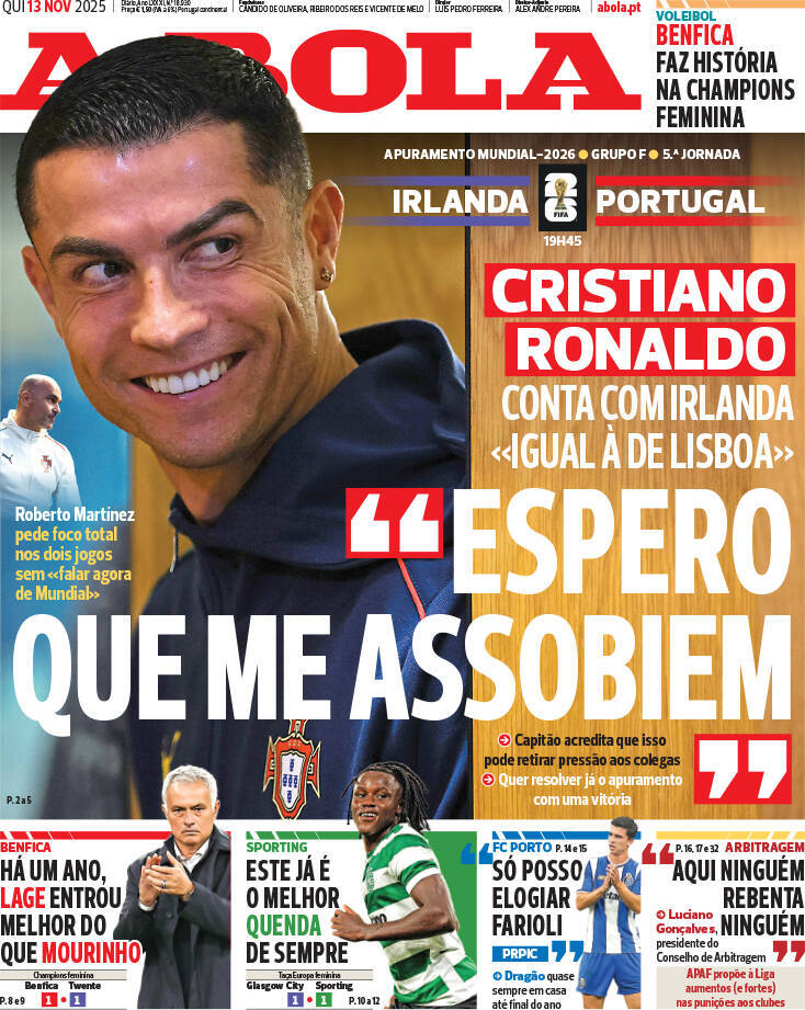 A Bola: Capa da Edi&ccedil;&atilde;o de quinta-feira, 13 de novembro 2025