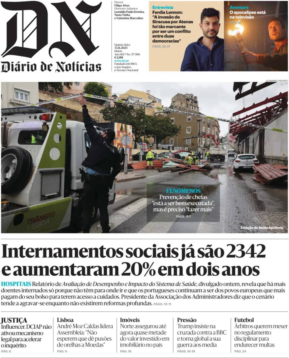 Di&aacute;rio de Not&iacute;cias: Capa da Edi&ccedil;&atilde;o de quinta-feira, 13 de novembro 2025