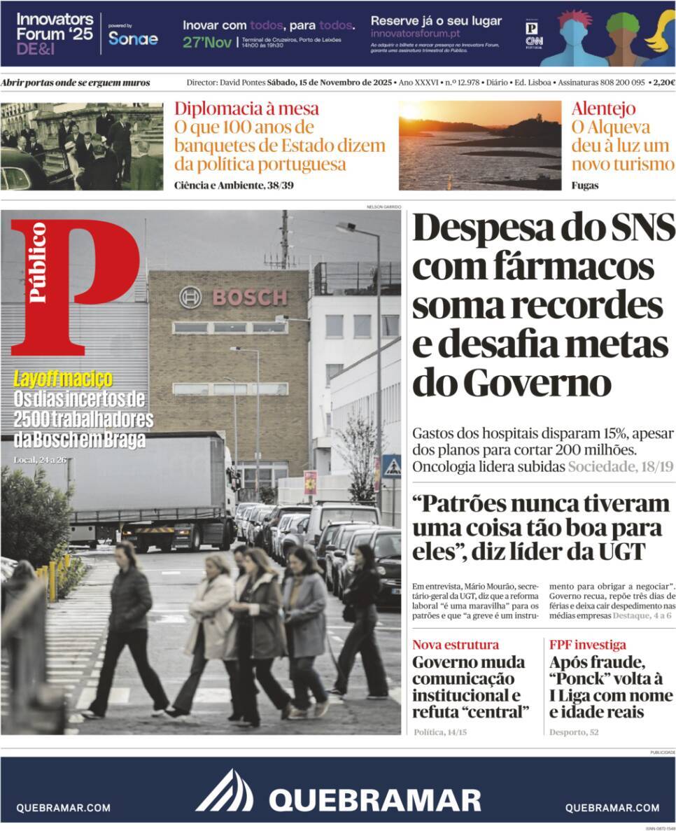 P&uacute;blico: Capa da Edi&ccedil;&atilde;o de s&aacute;bado, 15 de novembro 2025