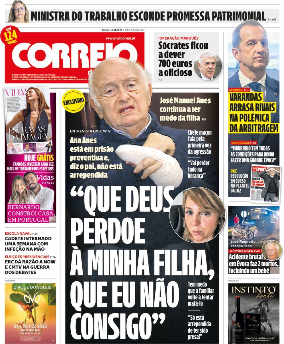 Correio da Manh&atilde;: Capa da Edi&ccedil;&atilde;o de s&aacute;bado, 15 de novembro 2025