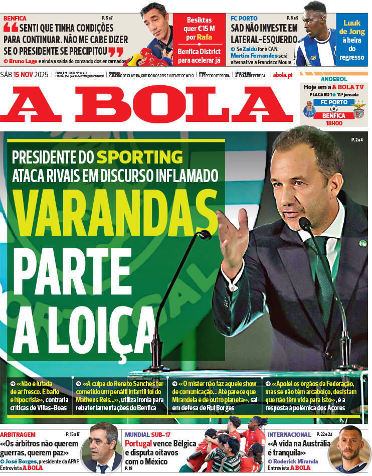 A Bola: Capa da Edi&ccedil;&atilde;o de s&aacute;bado, 15 de novembro 2025