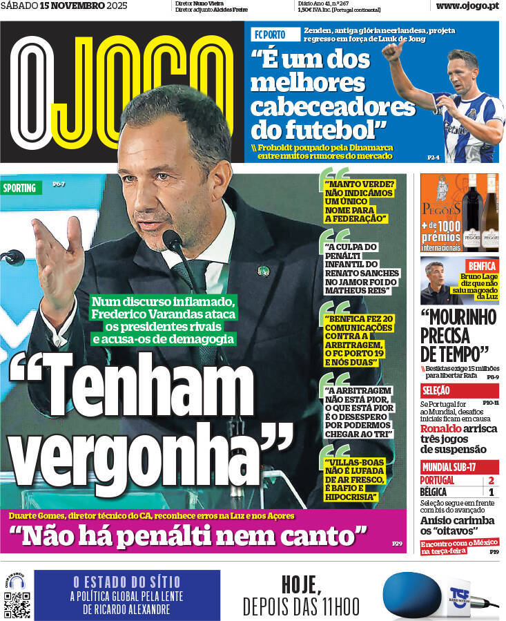 O Jogo: Capa da Edi&ccedil;&atilde;o de s&aacute;bado, 15 de novembro 2025