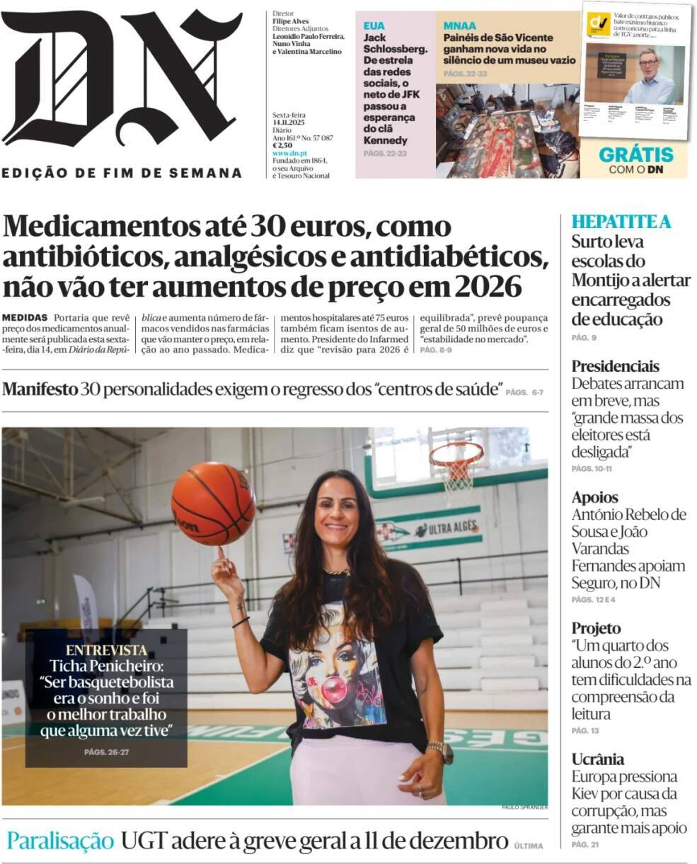 Di&aacute;rio de Not&iacute;cias: Capa da Edi&ccedil;&atilde;o de sexta-feira, 14 de novembro 2025