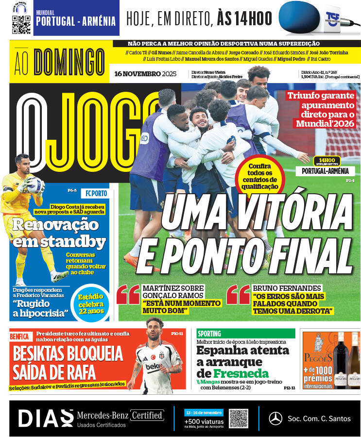 O Jogo: Capa da Edi&ccedil;&atilde;o de domingo, 16 de novembro 2025