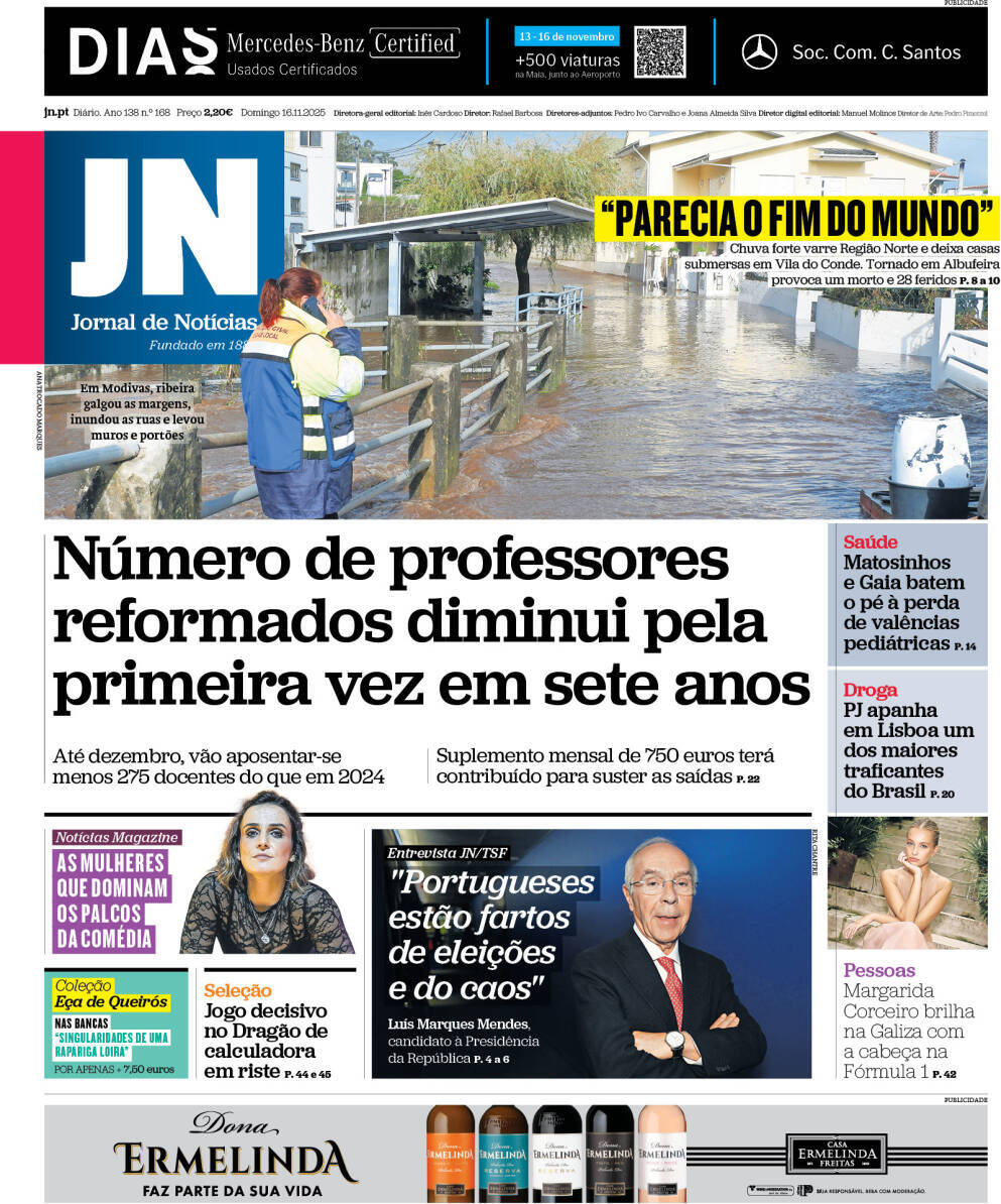 Jornal de Not&iacute;cias: Capa da Edi&ccedil;&atilde;o de domingo, 16 de novembro 2025