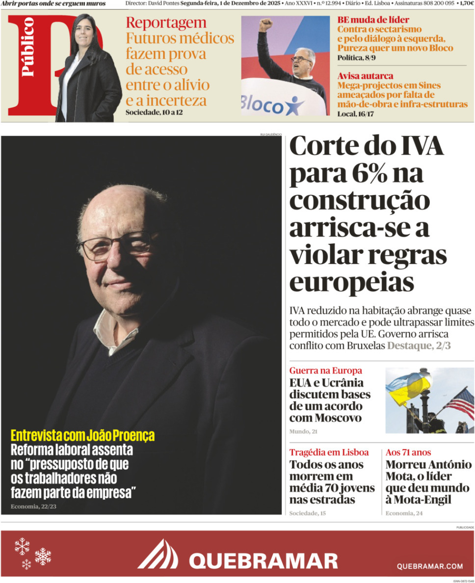 P&uacute;blico: Capa da Edi&ccedil;&atilde;o de segunda-feira, 01 de dezembro 2025