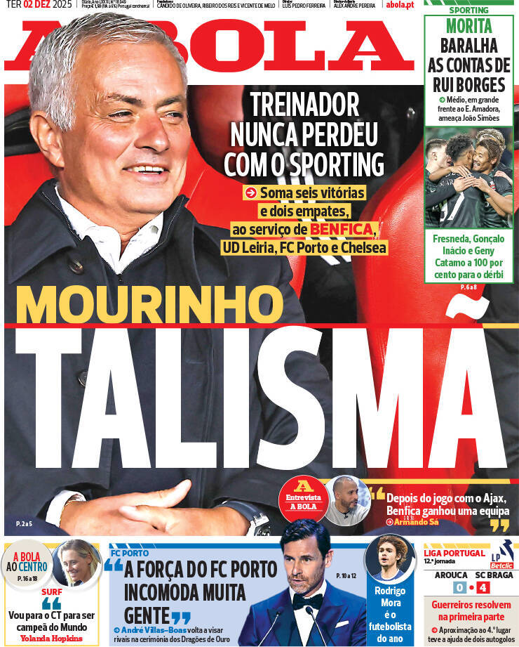 A Bola: Capa da Edi&ccedil;&atilde;o de ter&ccedil;a-feira, 02 de dezembro 2025